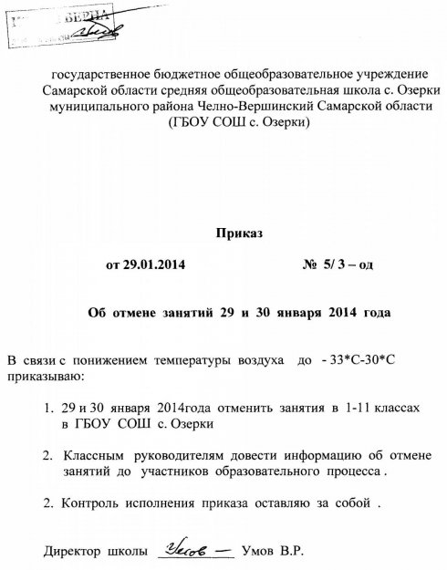 Приказ об отмене занятий на 29.01 и 30.01. 2014 г.